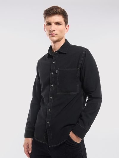 Black Contrast Stitch Men's Denim Shirt