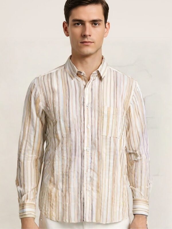 Men’s Casual Long Sleeve Striped Shirt - Beige